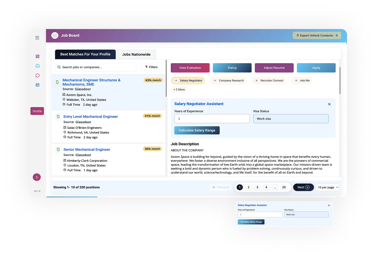 Job board interface displaying job listings, salary negotiation assistant tool, and options for filtering job matches based on user profile, experience, and visa status